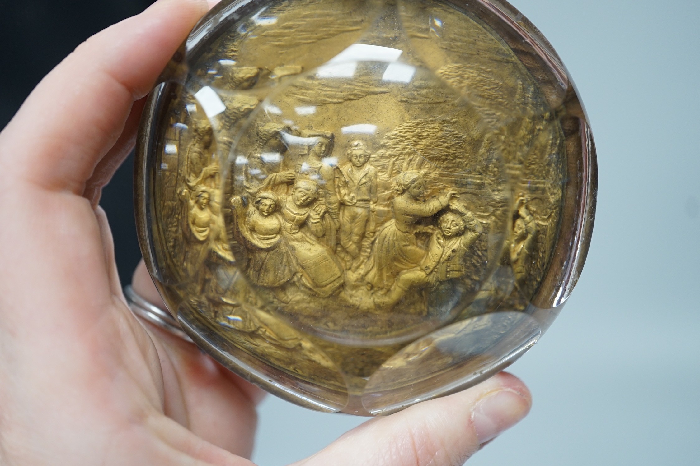 Temple Bar commemorative cast lead and brass paperweight, ‘Temple Bar: erected 1672, demolished 1878; this effigy of it was struck from the lead formally on the roof’ and a 19th century gilt metal relief glass cased pape